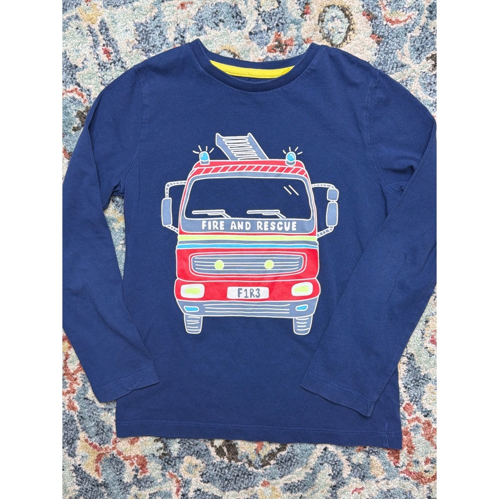 Mini Boden Graphic Tee Boys 7-8 Navy Blue Fire Truck Long Sleeve EUC